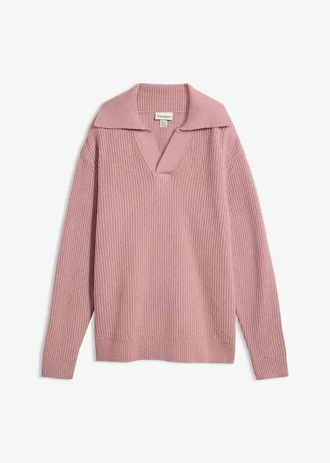 Grobstrick-Pullover im Polo-Stil in rosa von vorne - bonprix