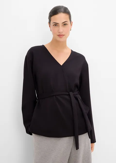 Wickelshirt aus feinem Viskose-Mix in schwarz von vorne (im Anschnitt) - bonprix