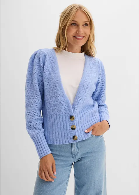 Feinstrickjacke mit Knopfdetails in blau von vorne (im Anschnitt) - bonprix