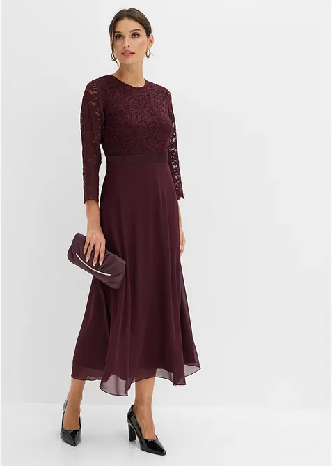 Midikleid aus leichtem Chiffon mit Spitzen-Oberteil in rot im Look von vorne (Totalaufnahme) - bonprix