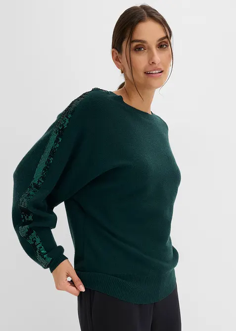 Feinstrickpullover mit Pailletten in grün von vorne (im Anschnitt) - bonprix