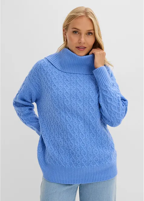 Pullover mit Zopfmuster in blau von vorne (im Anschnitt) - bonprix
