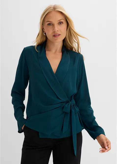 Wickelbluse mit seitlicher Schleife in petrol von vorne (im Anschnitt) - bonprix