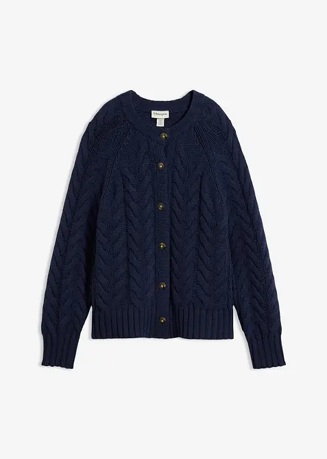 Grobstrickjacke aus feiner Merinowolle mit Zopfmuster in blau von vorne - bonprix