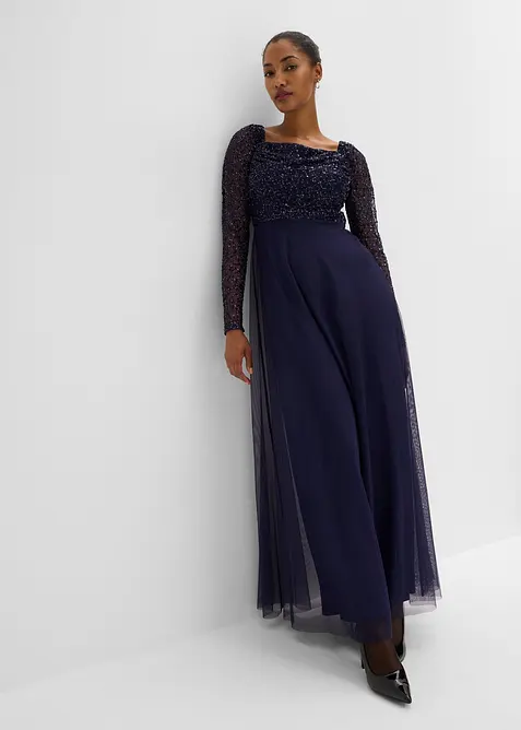 Abendkleid mit Paillettenstickerei in blau von vorne (Totalaufnahme) - bonprix