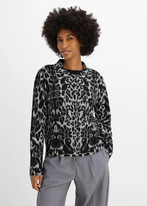 Strickjacke mit Jacquardmuster in grau von vorne (im Anschnitt) - bonprix
