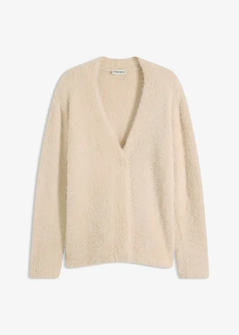 Strickjacke aus Federgarn in beige von vorne - bonprix