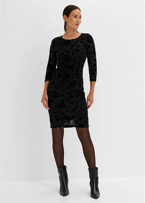 Mesh-Kleid mit edlem Flockprint in schwarz von vorne (Totalaufnahme) - bonprix