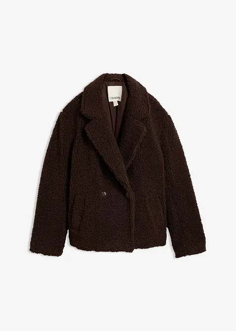 Teddyfell-Jacke mit Kragen und Doppelknopf in braun von vorne - bonprix