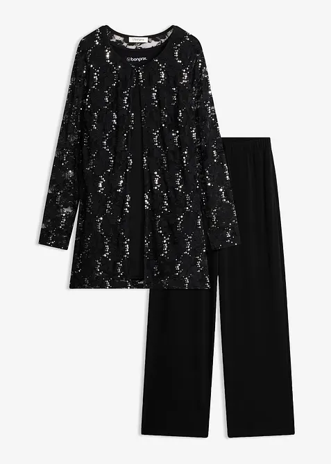 Top mit Spitzenjacke und Hose (3-tlg. Set) in schwarz von vorne - bonprix