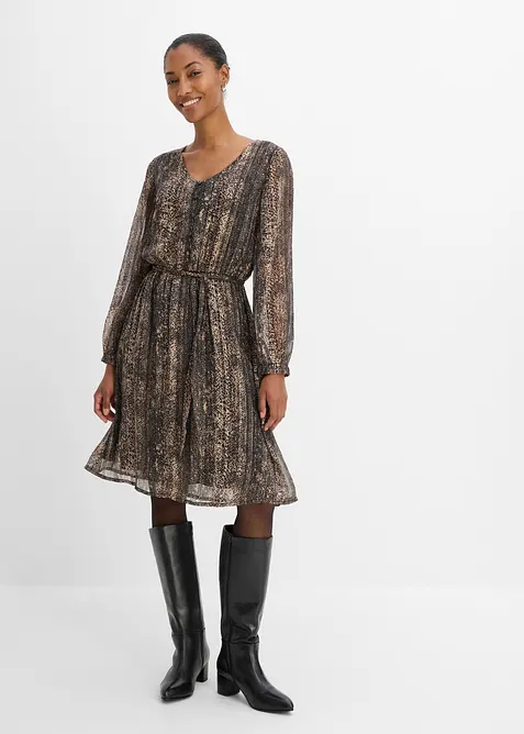 Chiffonkleid mit Bindeband in schwarz von vorne (Totalaufnahme) - bonprix