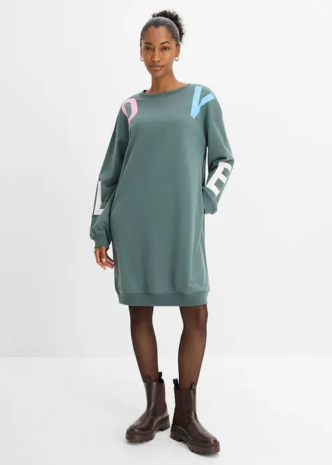 Sweatkleid aus weichem Baumwoll-Mix in grün von vorne (Totalaufnahme) - bonprix
