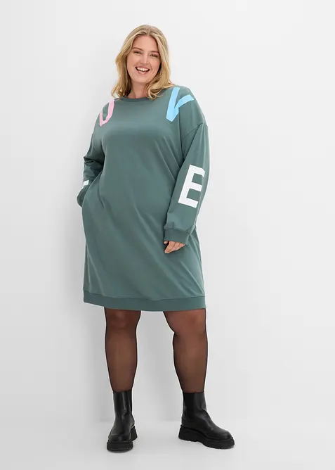 Sweatkleid aus weichem Baumwoll-Mix in grün von vorne (Totalaufnahme) - bonprix