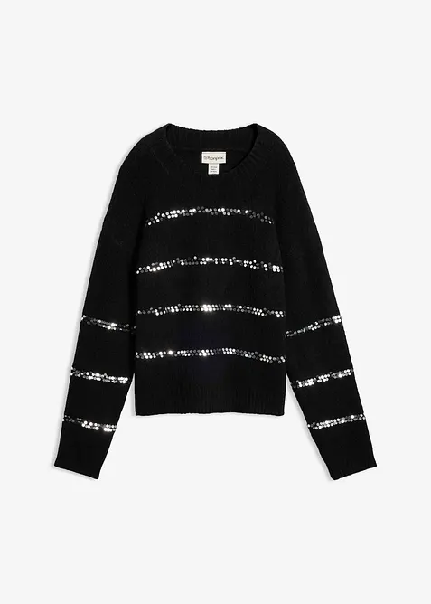 Feinstrickpullover mit Pailletten-Streifen in schwarz von vorne - bonprix