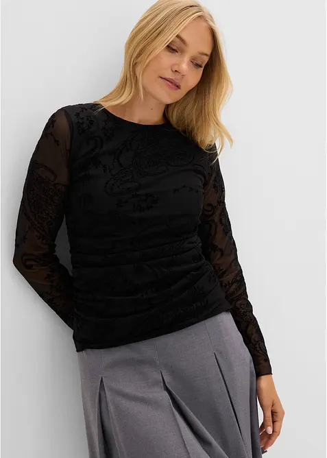 Langarmshirt aus feinem Mesh in schwarz von vorne (im Anschnitt) - bonprix