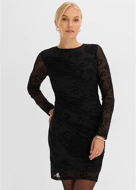 Jerseykleid aus feinem Mesh in schwarz von vorne (Totalaufnahme) - bonprix