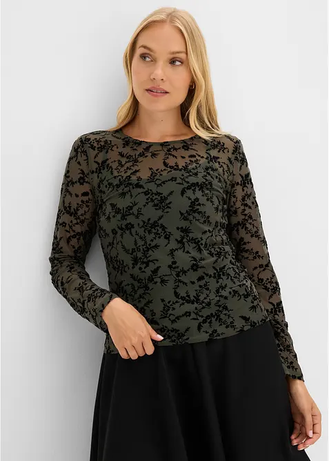 Langarmshirt aus softem Mesh in grün von vorne (im Anschnitt) - bonprix