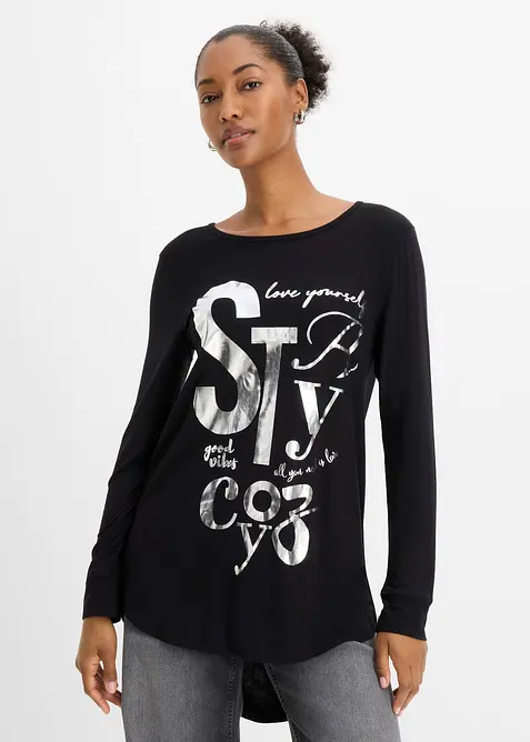 Langarmshirt aus fließendem Viskose-Mix in schwarz von vorne (im Anschnitt) - bonprix