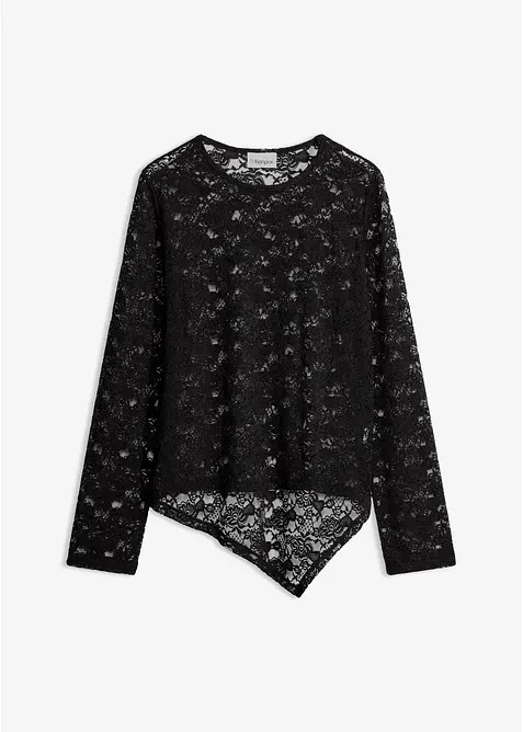 Langarmshirt aus elastischer Spitze in schwarz von vorne - bonprix