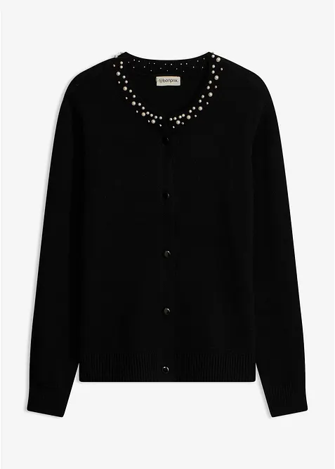 Feinstrickjacke mit Perlen-Kragen in schwarz von vorne - bonprix