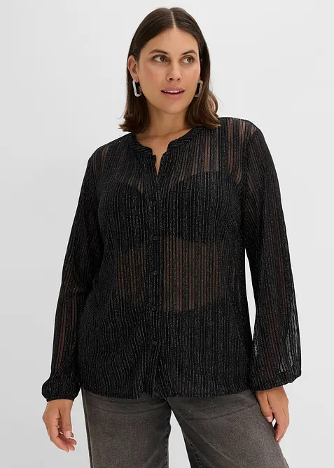 Bluse in schimmernder Plissee-Optik in schwarz von vorne (im Anschnitt) - bonprix