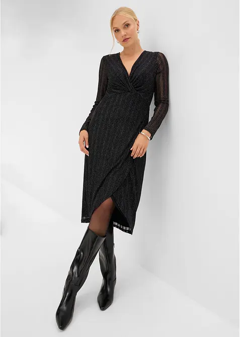 Jerseykleid in Wickeloptik mit Glitzer-Effekt in schwarz im Look von vorne (Totalaufnahme) - bonprix
