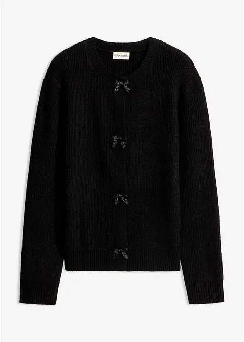 Feinstrickjacke mit Schleifen-Verschluss in schwarz von vorne - bonprix