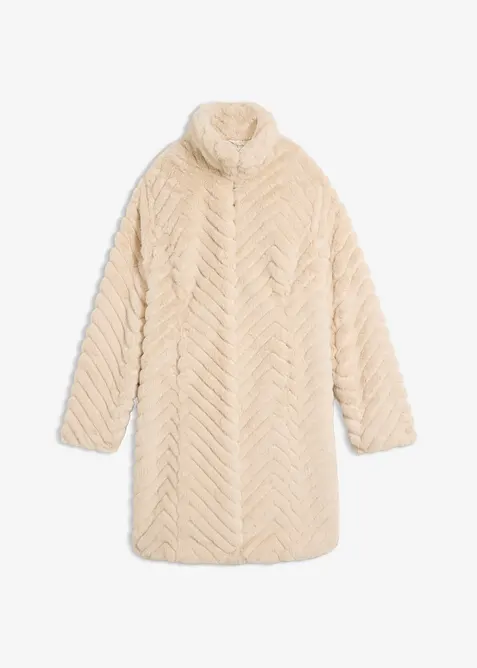 Fellimitat-Mantel mit Stehkragen in beige von vorne - bonprix