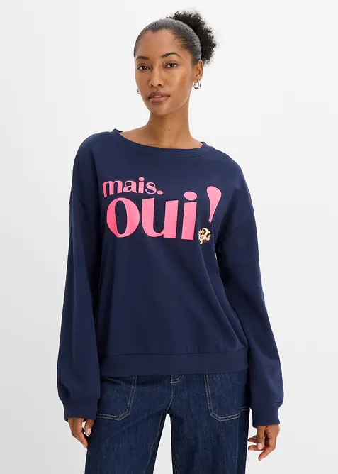 Sweatshirt aus weichem Baumwoll-Mix in blau von vorne (im Anschnitt) - bonprix