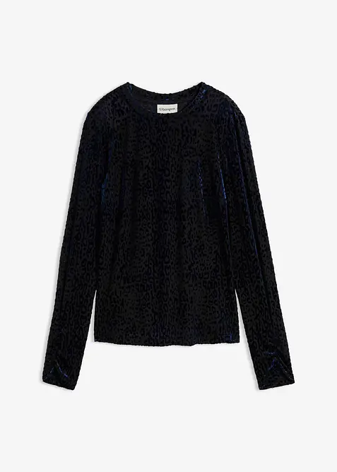 Langarmshirt aus Dévoré-Samt in blau von vorne - bonprix