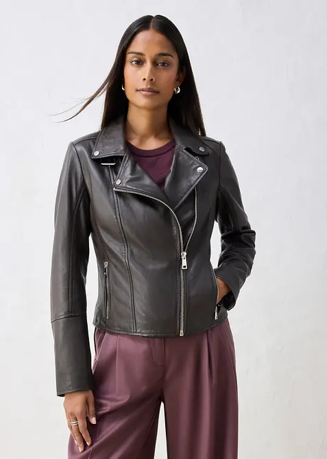 Bikerjacke aus Nappaleder in braun von vorne (im Anschnitt) - bonprix