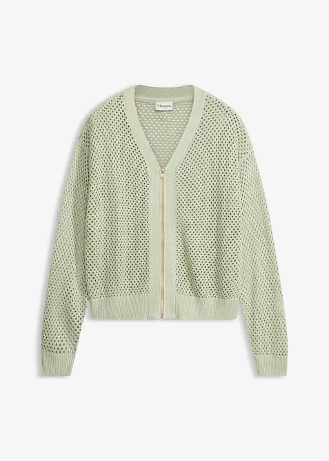 Ajour-Strickjacke mit Glitzereffekt in grün von vorne - bonprix