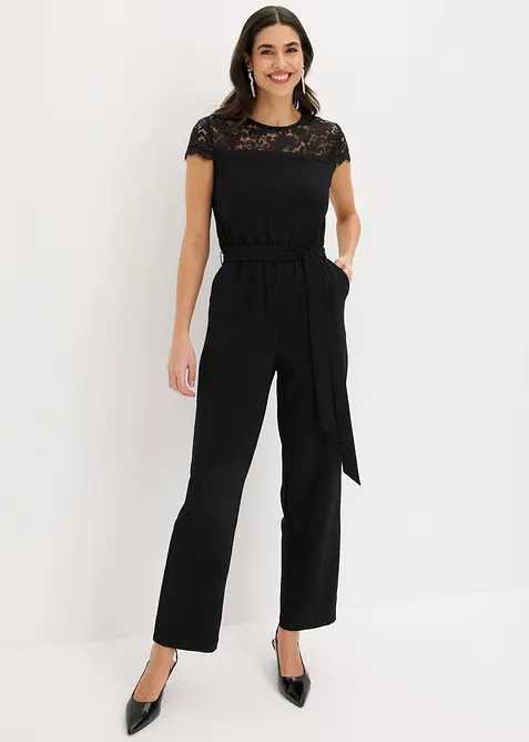 Overall aus feinem Jersey mit Spitze in schwarz von vorne (Totalaufnahme) - bonprix