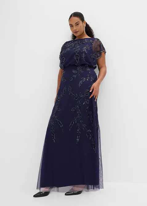Abendkleid mit Paillettenstickerei in blau von vorne (Totalaufnahme) - bonprix