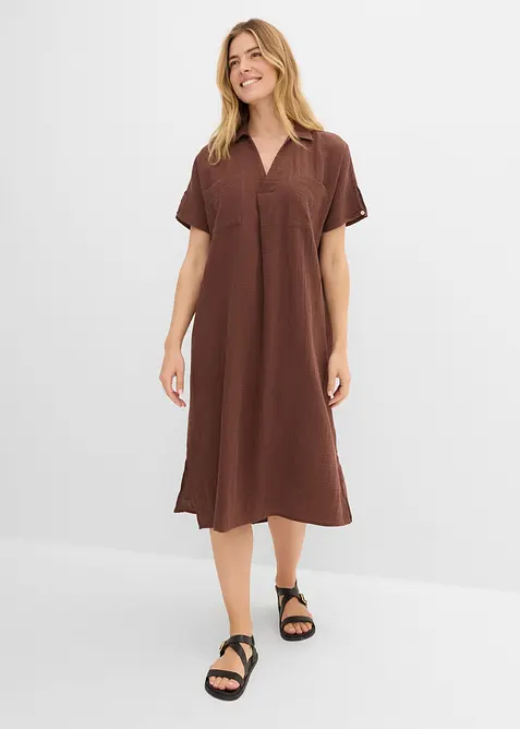 Musselin-Kaftan-Kleid aus reiner Baumwolle in braun von vorne (Totalaufnahme) - bonprix
