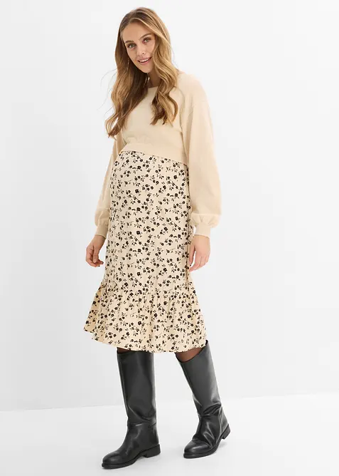 3-in-1 Umstands- und Stillkleid mit separatem Pullover (2-teiliges Set) in beige von vorne (Totalaufnahme) - bonprix