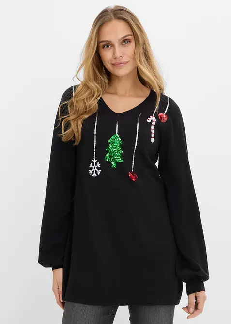 Weihnachtlicher Umstands- und Stillpullover mit Pailletten in schwarz von vorne (im Anschnitt) - bonprix