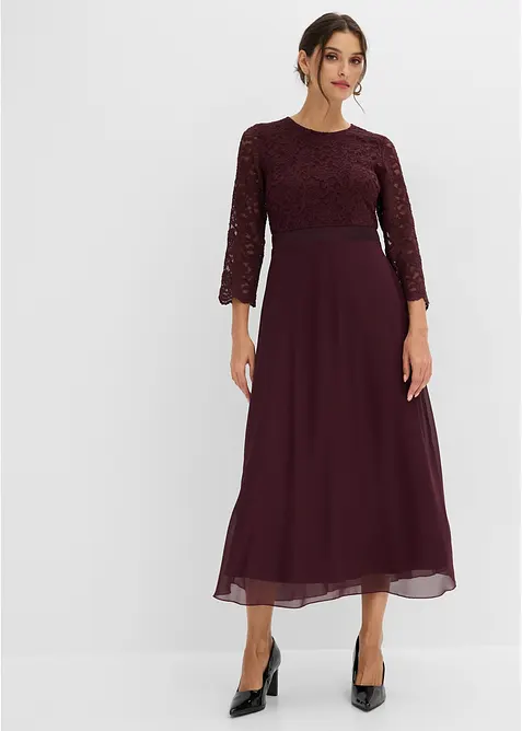 Midikleid aus leichtem Chiffon mit Spitzen-Oberteil in rot von vorne (Totalaufnahme) - bonprix