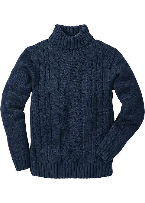 Rollkragenpullover mit Zopfmuster in blau von vorne - bonprix