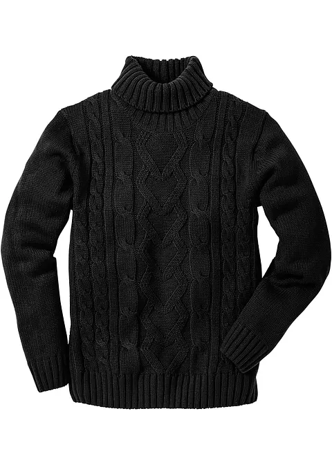 Rollkragenpullover mit Zopfmuster in schwarz von vorne - bonprix