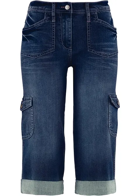 Cargo Jeans, Mid Waist, Stretch in blau von vorne - bonprix