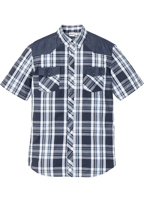 Kurzarmhemd mit Denim-Besatz in blau von vorne - bonprix