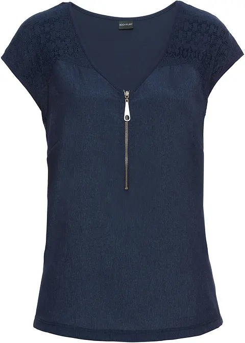 Shirt mit Spitzeneinsatz in blau von vorne - bonprix