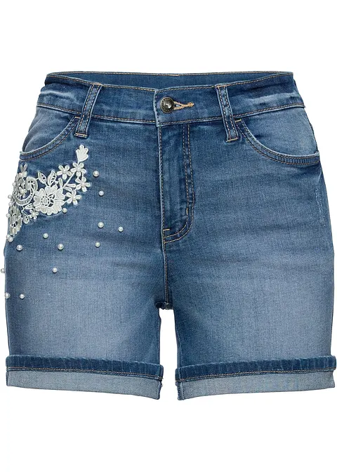 Jeansshorts Mid Waist mit Verzierung in blau von vorne - bonprix