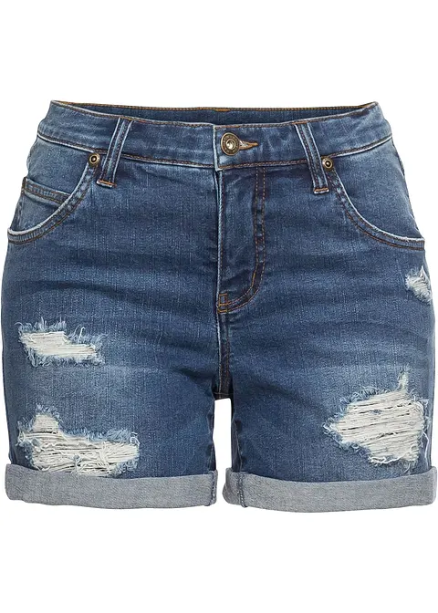 Jeansshorts Mid Waist mit Destroy- Effekten in blau von vorne - bonprix