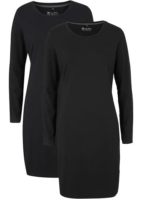 Jerseykleid aus Baumwolle mit Stretch (2er Pack) in schwarz von vorne - bonprix