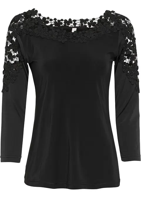 Shirt mit Häkeleinsatz, 3/4 Arm in schwarz von vorne - bonprix