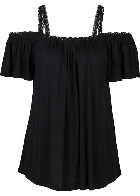 Cold-Shoulder-Shirt mit Spitzenborte in schwarz - bonprix
