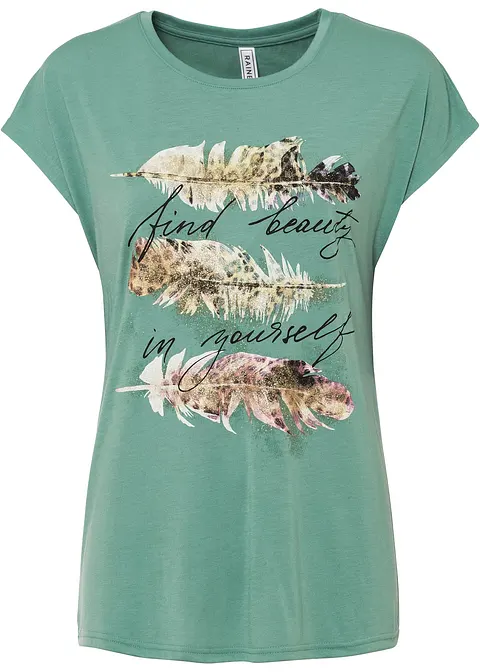T-Shirt mit Glitzerdruck in grün von vorne - bonprix