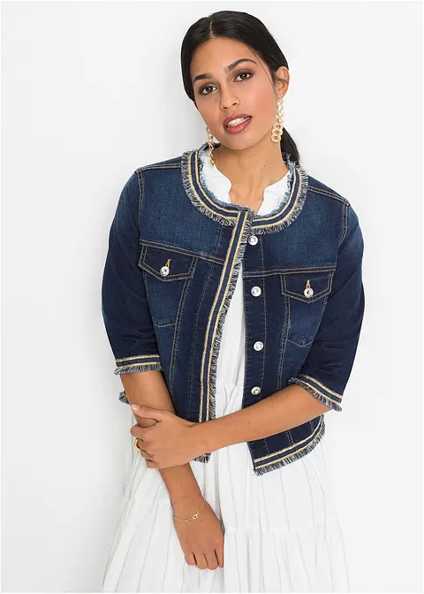 Jeansjacke mit Fransen in blau von vorne (im Anschnitt) - bonprix